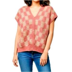 Hand Knit Handmade Pullover Sweater Vest Crop Top Size M Peach Checkerboard NEW‎